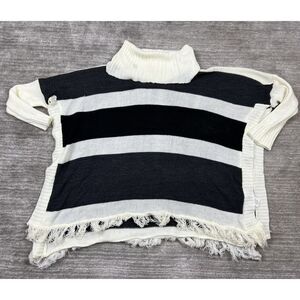 Brittany Black Poncho‎ Womens Large Cream Gray Cowl Neck Pullover Fringe Sweater